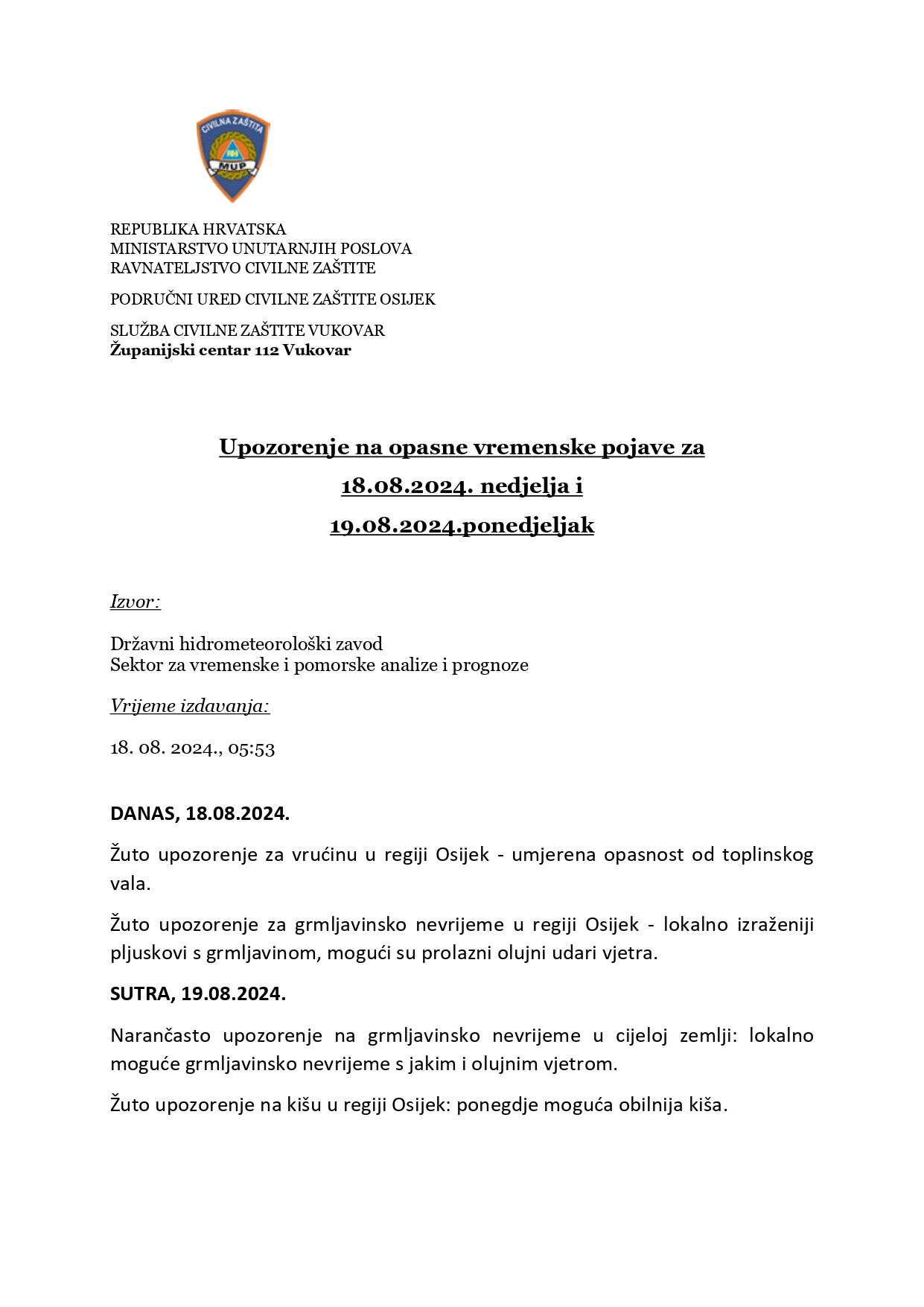 DHMZ Upozorenje na opasne vremenske pojave 20240818 page 0001