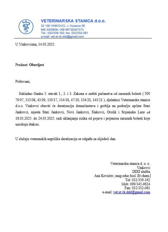 Obavijest Vet stanica