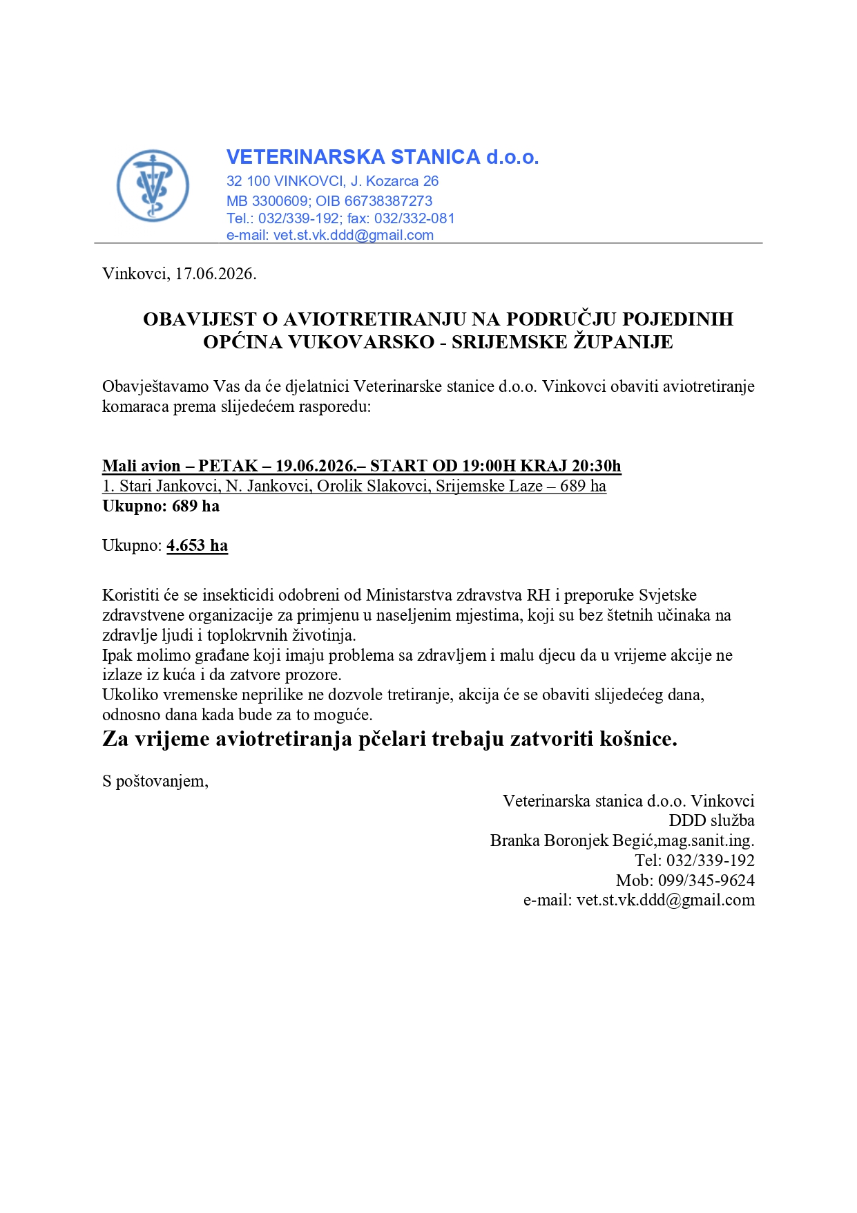 obavijest o aviotretiranju Općine Vukovarsko srijemske županije page 0001